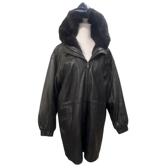 IZZY - Ladies Black 100% Genuine Leather Fur Hooded Zip Jacket Size Medium/Large - Picture 3 of 16